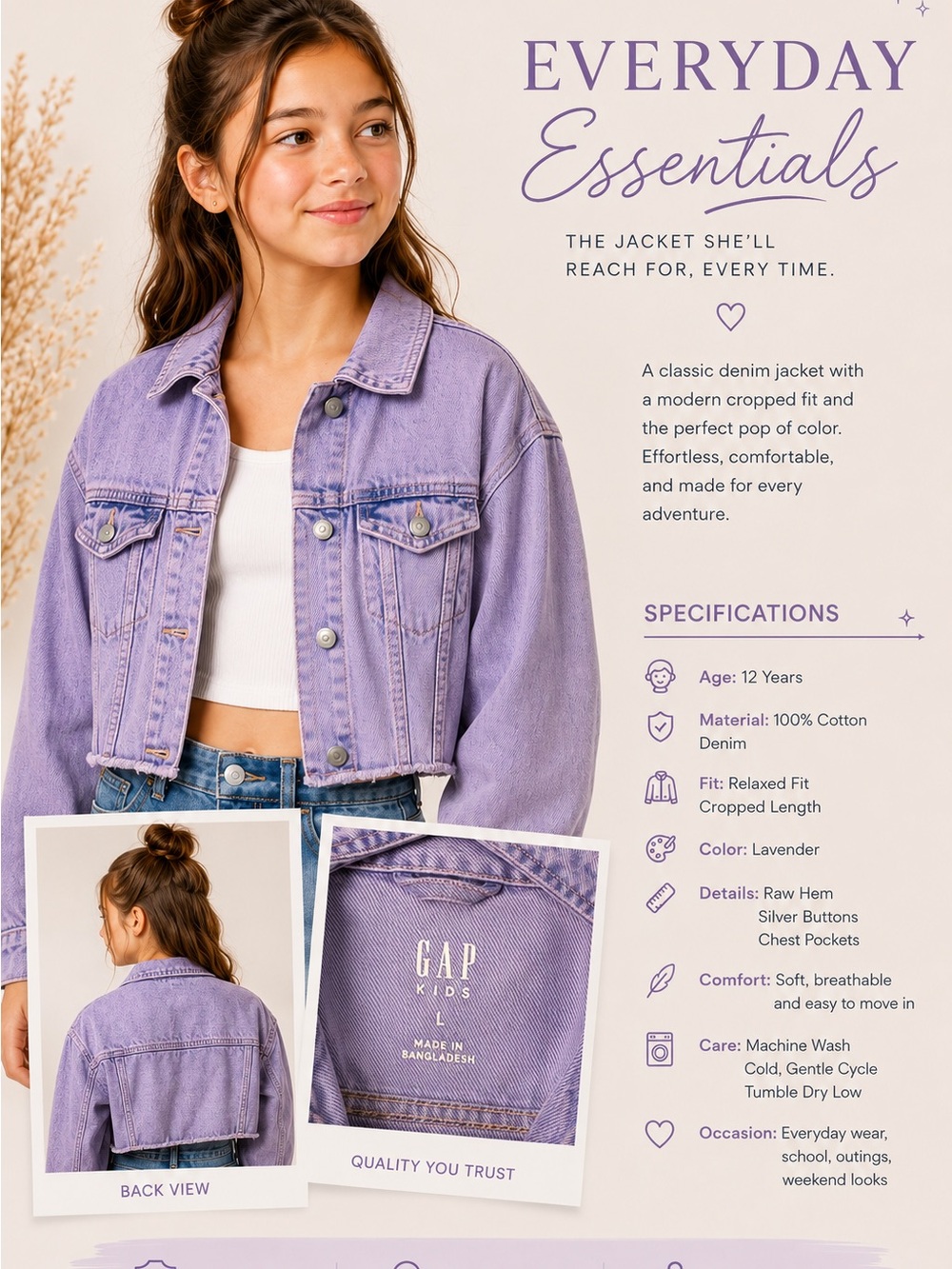 GAP Lavender Cropped Denim Jacket